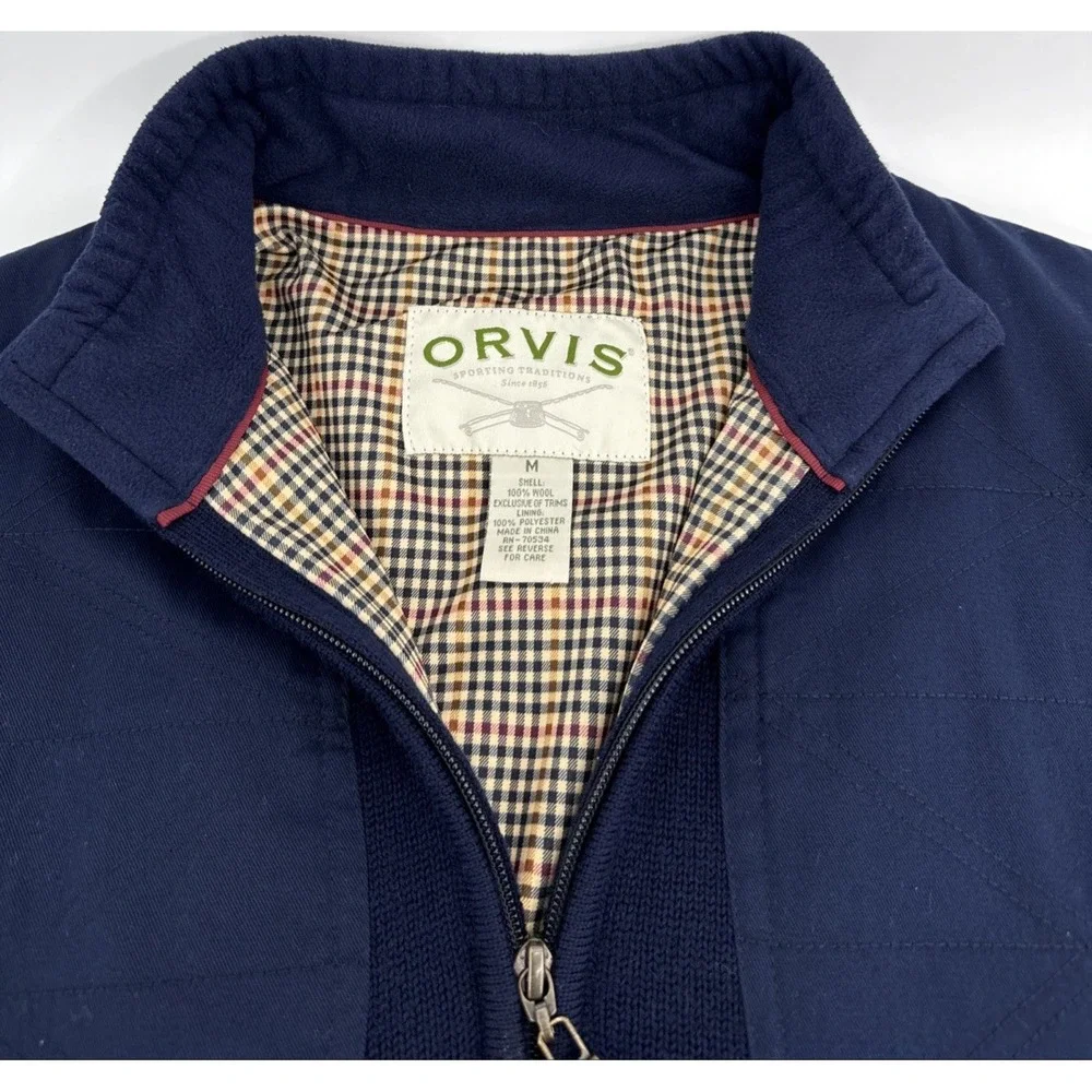 Orvis Men's Wool Sweater Jacket M Full Zip Plaid Lined Navy Shooting Patches